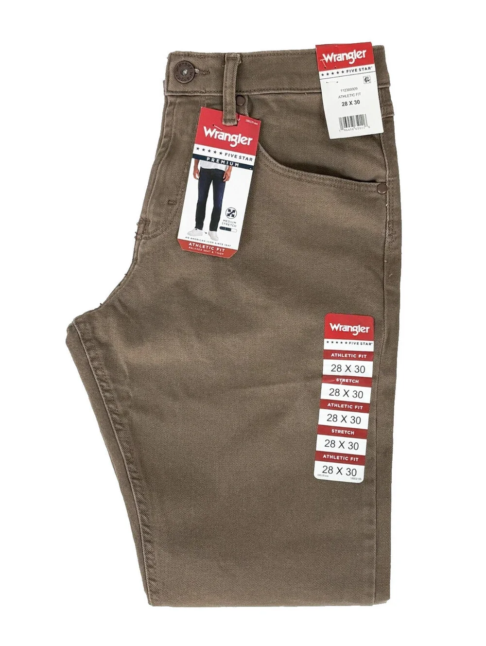 NWT Wrangler Five Star Athletic Fit Jeans Mens 28X30 Brown Stretch 112360009